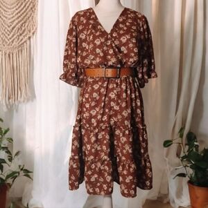 Floral Brown Wrap Midi Dress